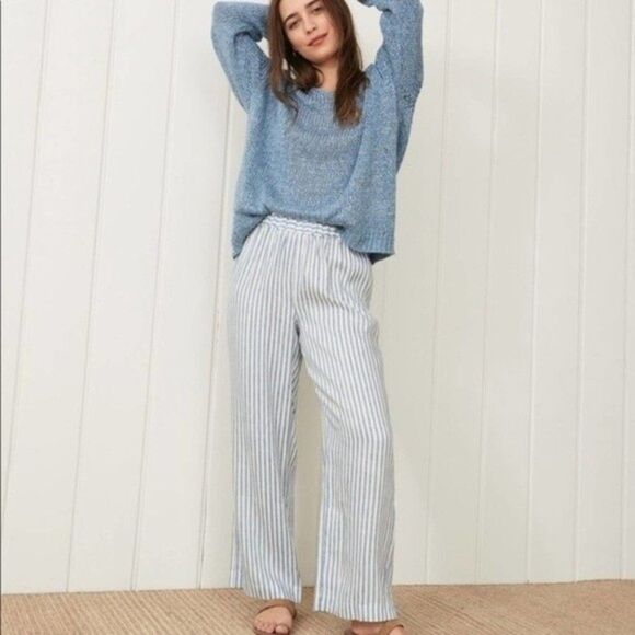 Jenni Kayne Striped Linen Blue Straight Leg Pants - Picture 2 of 6
